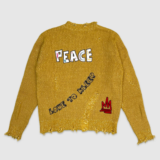 Back view of mustard distressed knit sweater with embroidered 'Peace', 'Love to Keep' text, and yellow crown patch – men’s urban fashion by City Grid Apparel