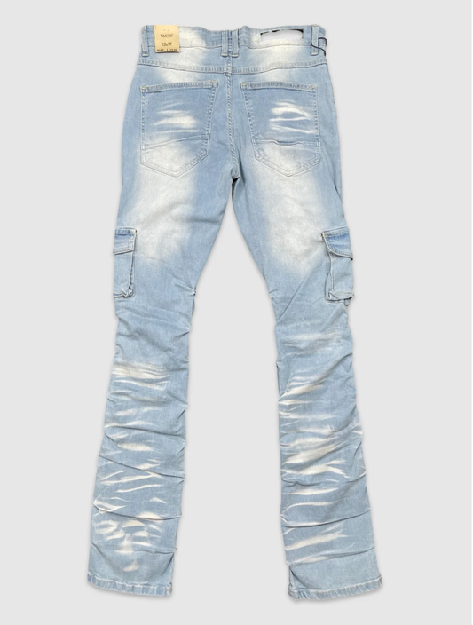 Men's light blue denim stacked jeans with faded wash and back pockets