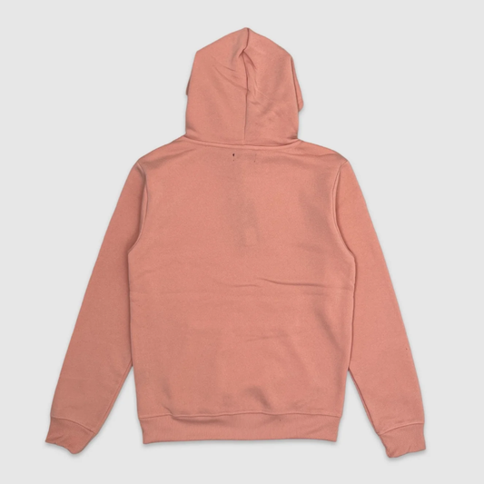 Back of Pink hoodie with front graphic text embroidered 'Billionaire In Progress' surrounded by floating dollar bills.