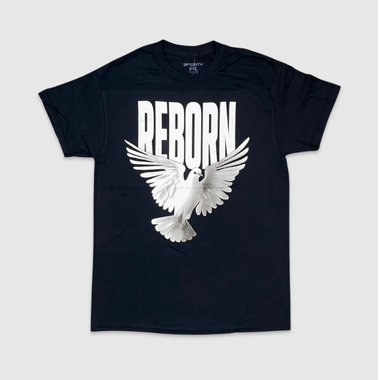 Black Reborn Dove Graphic Tee with bold white lettering and dove print
