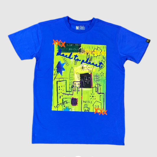 Blue Built to Last Graffiti Skyline Graphic Tee with pink and neon green city illustration