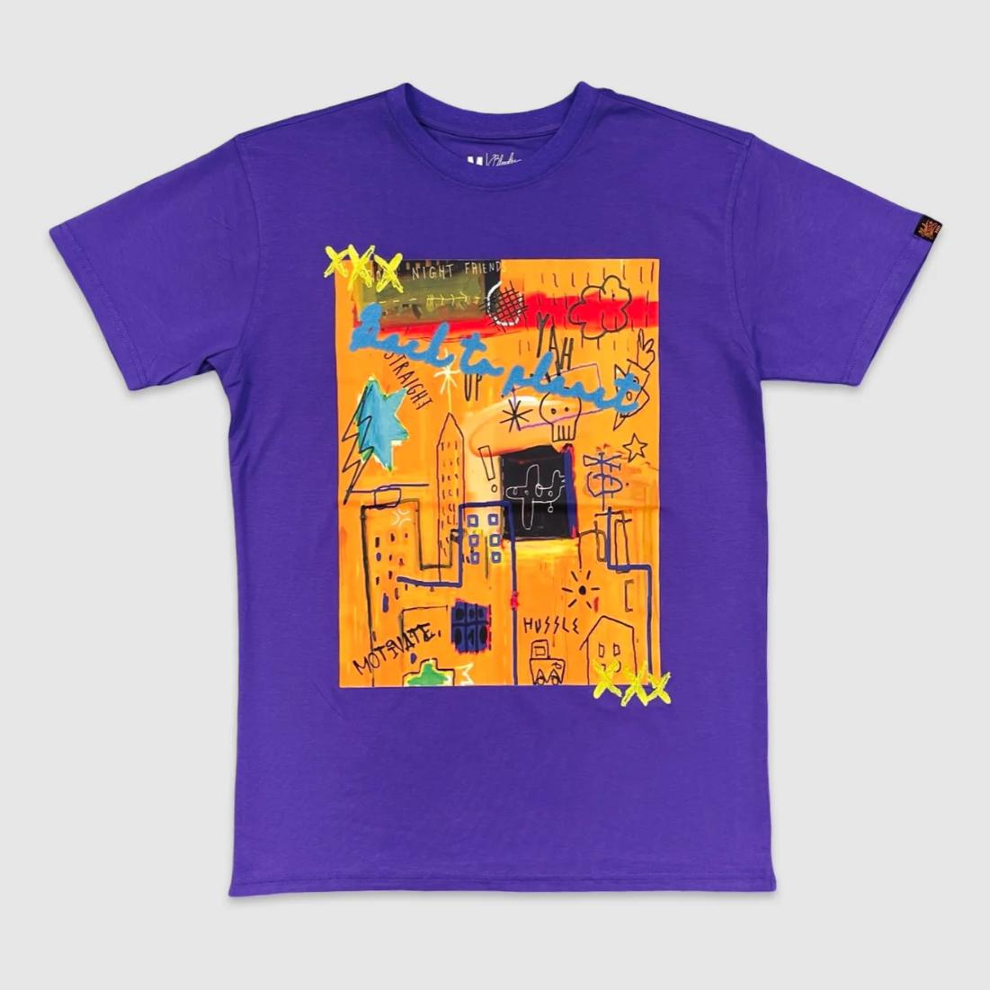 Purple Built to Last Graffiti Skyline Graphic Tee with orange and neon yellow city design