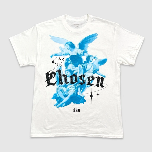 White Chosen Angel Graphic Tee with blue angel artwork