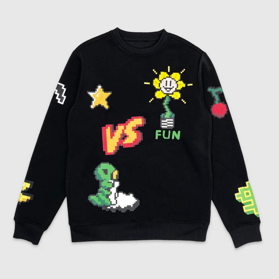 Black crewneck sweatshirt with large pixel art yellow flower, red heart, and text Fun Forever on the back – retro gaming inspired streetwear design.