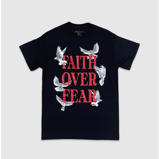 Black streetwear graphic t-shirt with bold Faith Over Fear text and flying white dove print, inspirational urban fashion tee from City Grid Apparel.
