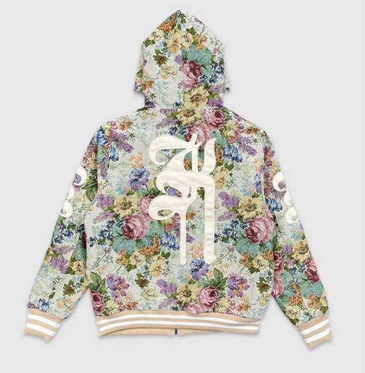 Back view of floral hoodie, tapestry jacket, embroidered hoodie, vintage streetwear, zip up hoodie, gothic style, urban fashion, rebel hoodie, statement outerwear, city grid apparel