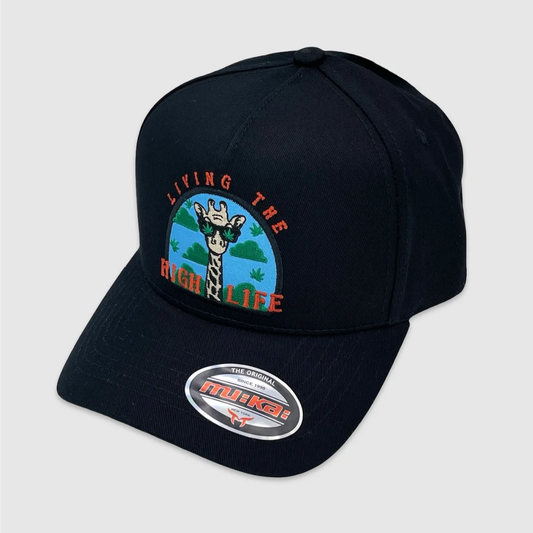 Black snapback hat with giraffe embroidery and 'Living the High Life' text