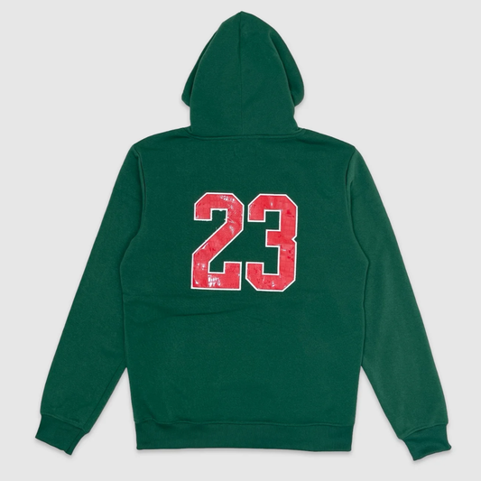 Green hoodie with large red distressed patent type number 23 printed on the back.
