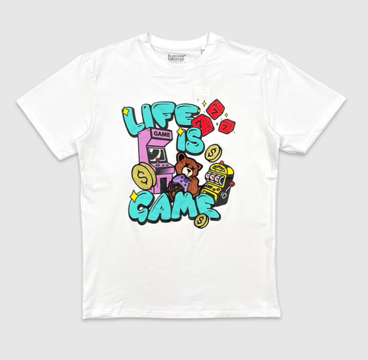 White Life Is Game Arcade Graphic Tee with colorful retro design