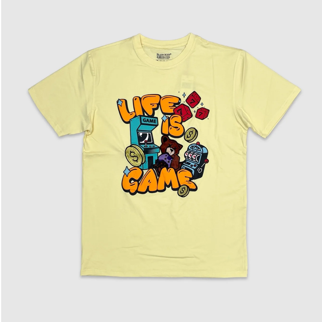 Yellow Life Is Game Arcade Graphic Tee with colorful retro design