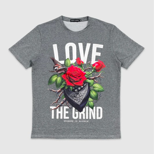 Grey Love The Grind Rose Graphic T-shirt with red roses and bandana design