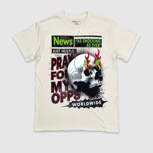 Off white streetwear graphic t-shirt with flaming skull design and bold text that says Pray For My Opps, urban hip hop style tee from City Grid Apparel
