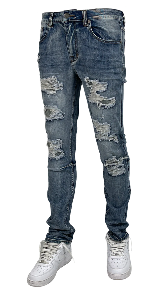 Men's blue distressed skinny jeans, ripped blue jeans for men, urban wash denim