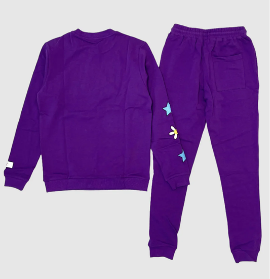 Back vewi of Purple two-piece jogger set featuring a graphic sweatshirt with cartoon skull, dice, flower, and heart designs, paired with matching jogger pants decorated with blue star patches and daisy graphics