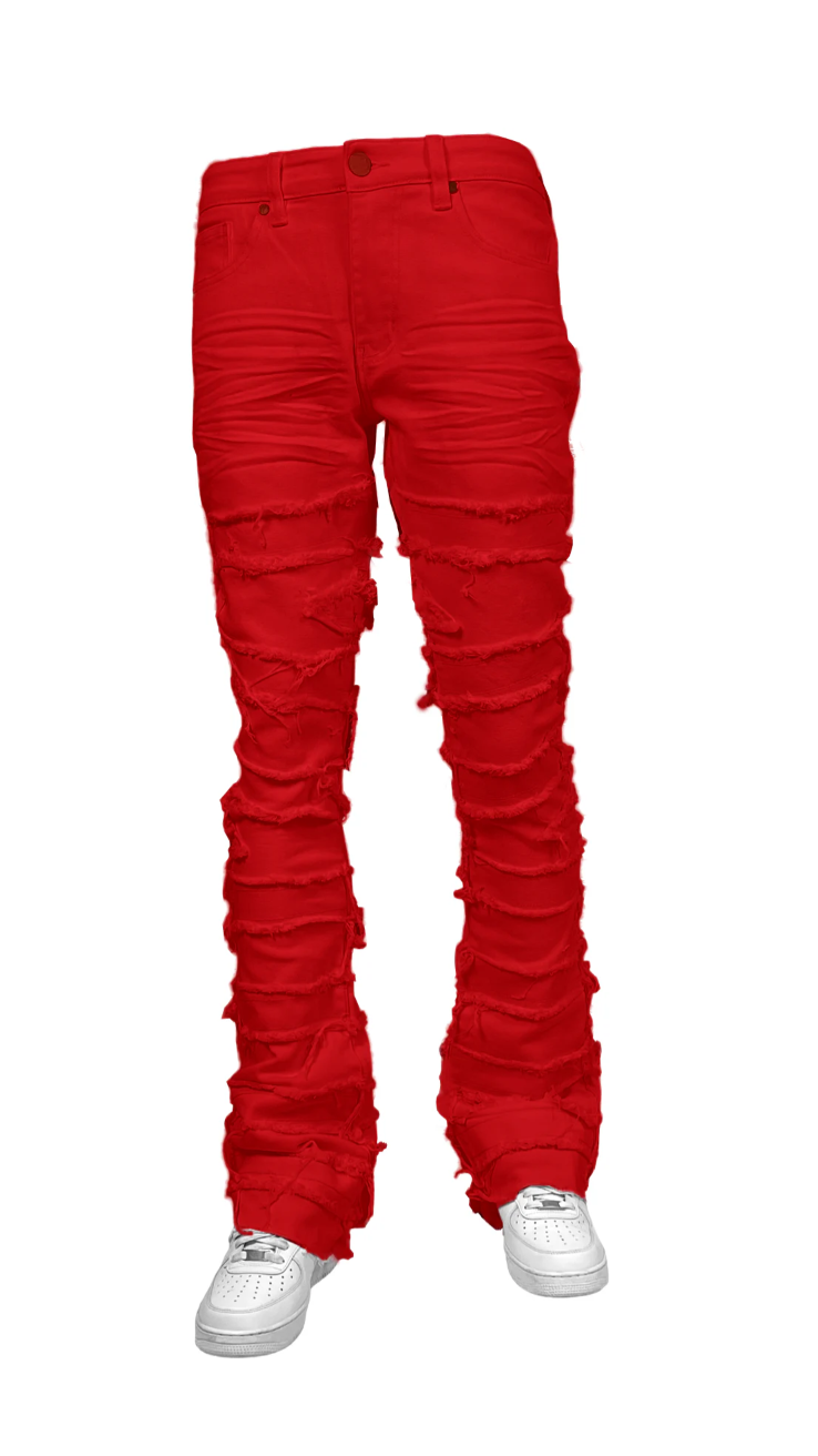 Men’s distressed stacked jeans in red wash with heavy shredded detailing and layered denim texture