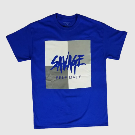 Royal Blue t-shirt with gray and white block design and "Savage Self Made" graphic print