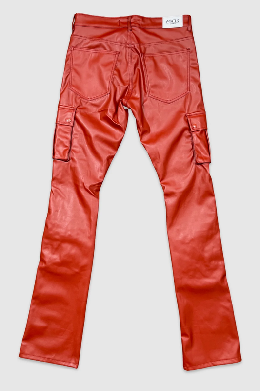 Red faux leather cargo pants back view slim fit with utility pockets