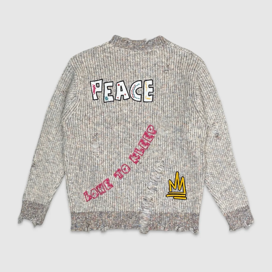 Back view of grey distressed knit sweater with embroidered 'Peace', 'Love to Keep' text, and yellow crown patch – men’s urban fashion by City Grid Apparel