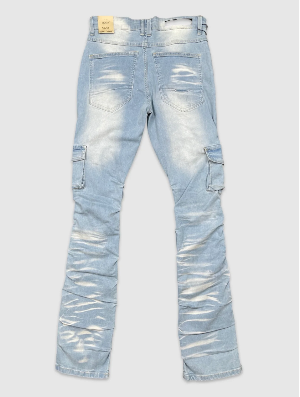 Men's light blue denim stacked jeans with faded wash and back pockets