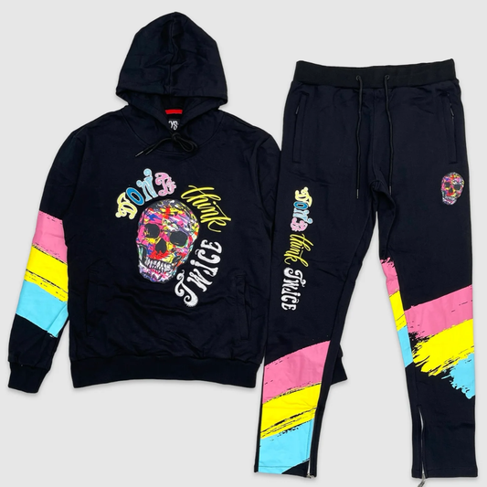 Blue hoodie and jogger set with colorful graffiti-style skull graphic, neon pink, yellow, and blue paint stripe accents, and bold text 'Don’t Think Twice' – urban streetwear tracksuit.