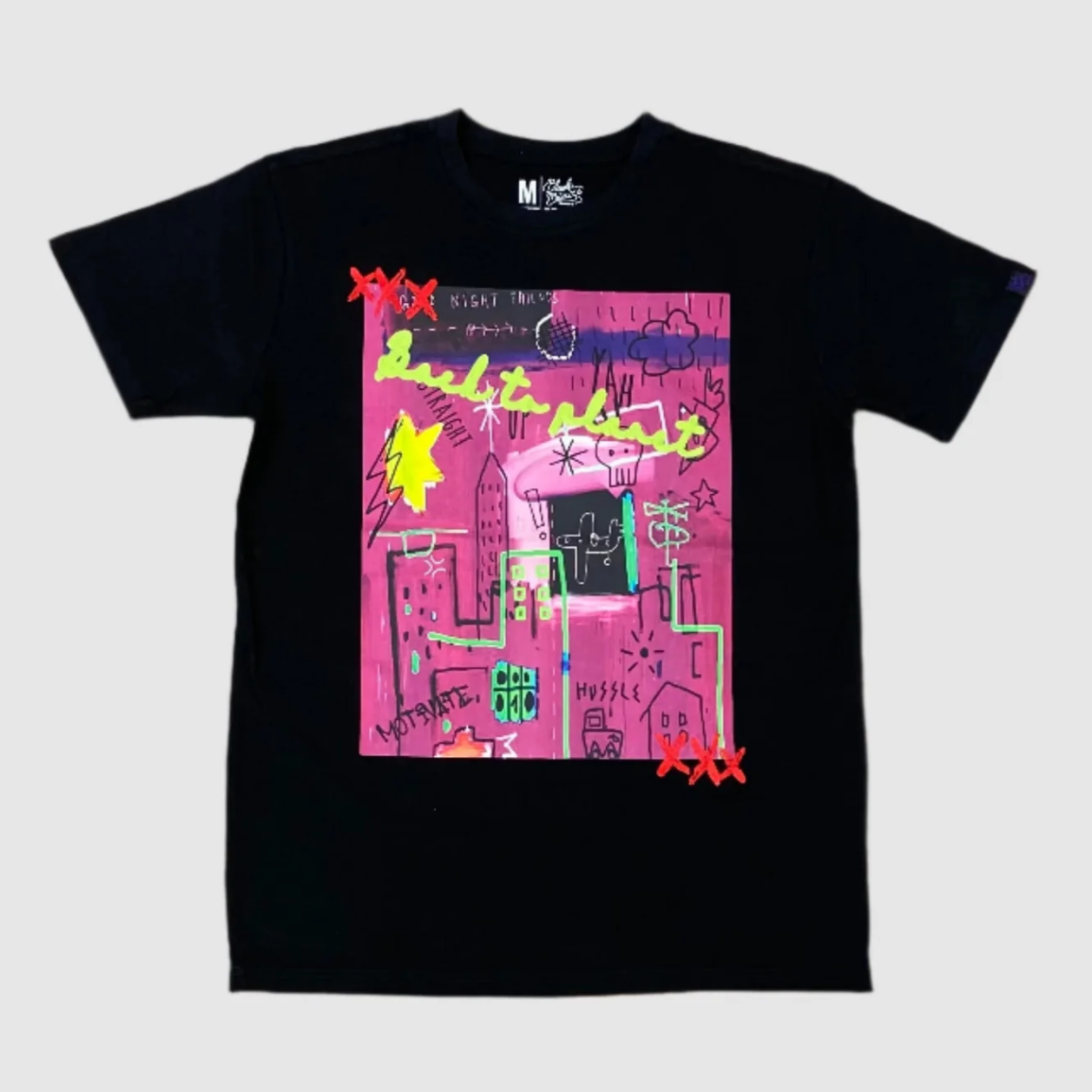 Black Built to Last Graffiti Skyline Graphic Tee with orange and neon yellow city design
