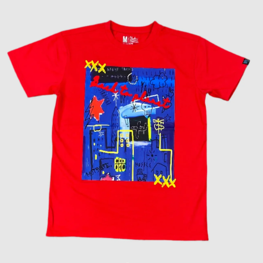 Red Built to Last Graffiti Skyline Graphic Tee with pink and neon green city illustration