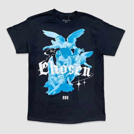 Black Chosen Angel Graphic Tee with blue angel artwork