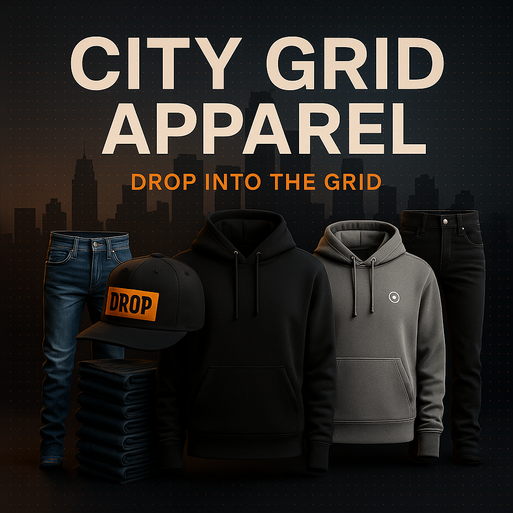 City Grid Apparel advertisement with hoodies, jeans, and a cap against a dark cityscape background.