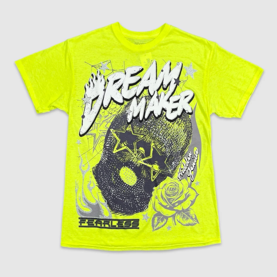 Neon yellow graphic t-shirt with bold Dream Maker print, star mask design, roses, and fearless urban fashion style from City Grid Apparel