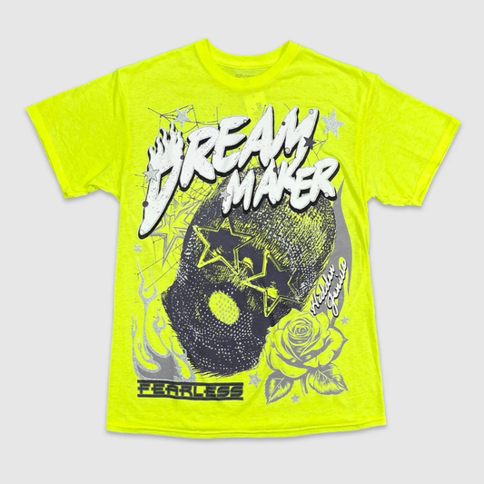 Neon yellow graphic t-shirt with bold Dream Maker print, star mask design, roses, and fearless urban fashion style from City Grid Apparel