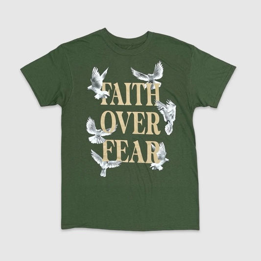 Forest green streetwear graphic t-shirt with bold Faith Over Fear text and flying white dove print, inspirational urban fashion tee from City Grid Apparel.