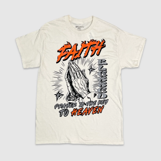
Faith Prayer Hands Graphic Tee in cream with orange lettering and “Prayer Is The Key To Heaven” design