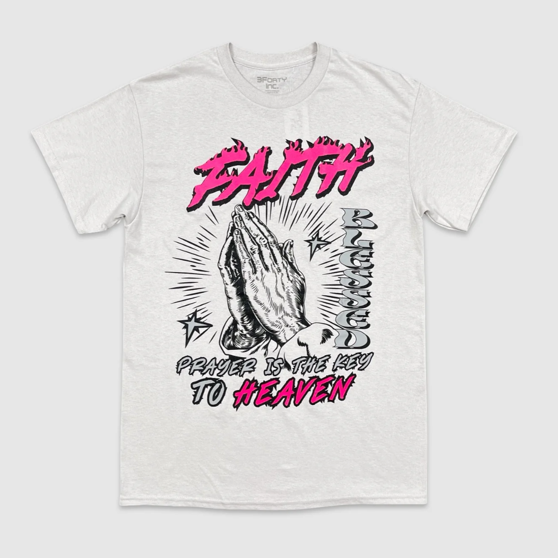 
Faith Prayer Hands Graphic Tee in white with pink lettering and “Prayer Is The Key To Heaven” design