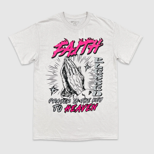 
Faith Prayer Hands Graphic Tee in white with pink lettering and “Prayer Is The Key To Heaven” design
