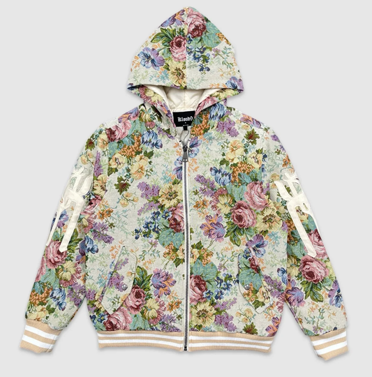 Floral hoodie, tapestry jacket, embroidered hoodie, vintage streetwear, zip up hoodie, gothic style, urban fashion, rebel hoodie, statement outerwear, city grid apparel