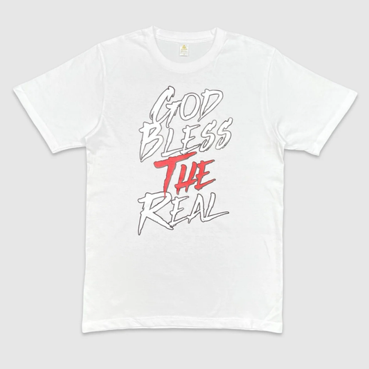 White graphic t-shirt with bold text design 'God Bless The Real' in white and red print.