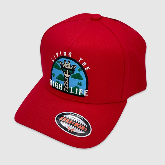 Red snapback hat with giraffe embroidery and 'Living the High Life' text