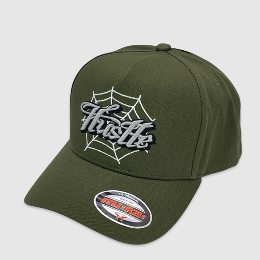 Olive green snapback hat with embroidered Hustle text and spiderweb design