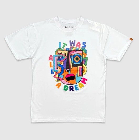 White It Was All a Dream Abstract Face Graphic Tee with colorful cubist artwork