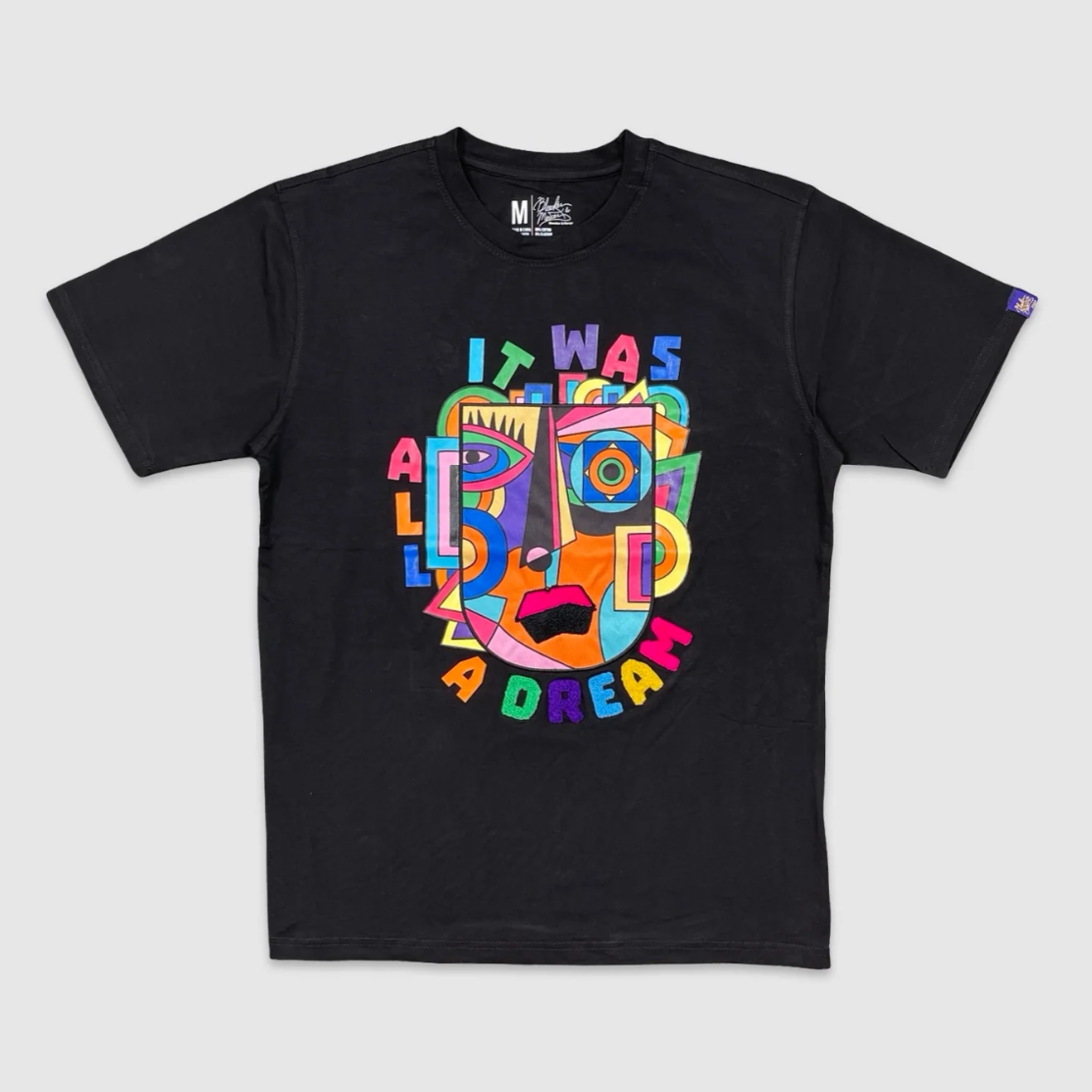 
Black It Was All a Dream Abstract Face Graphic Tee with colorful cubist artwork