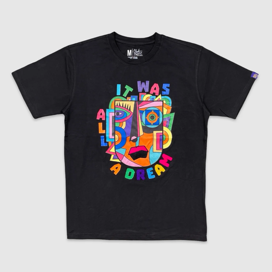 
Black It Was All a Dream Abstract Face Graphic Tee with colorful cubist artwork