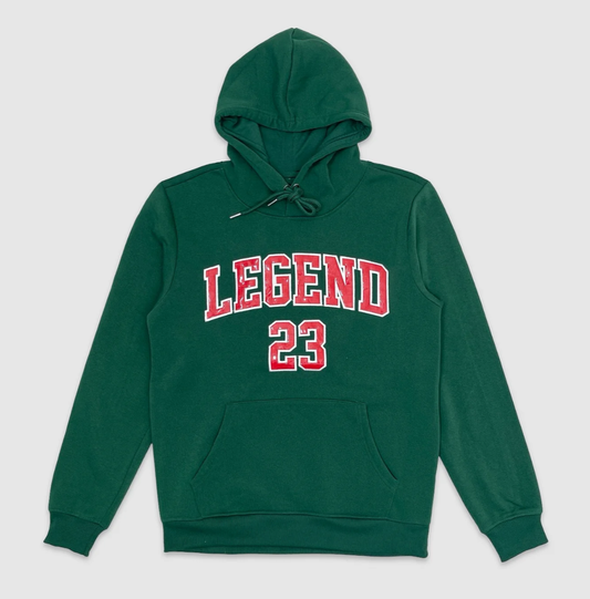 Green hoodie with front patent leather type text 'LEGEND' in red distressed varsity font above number 23