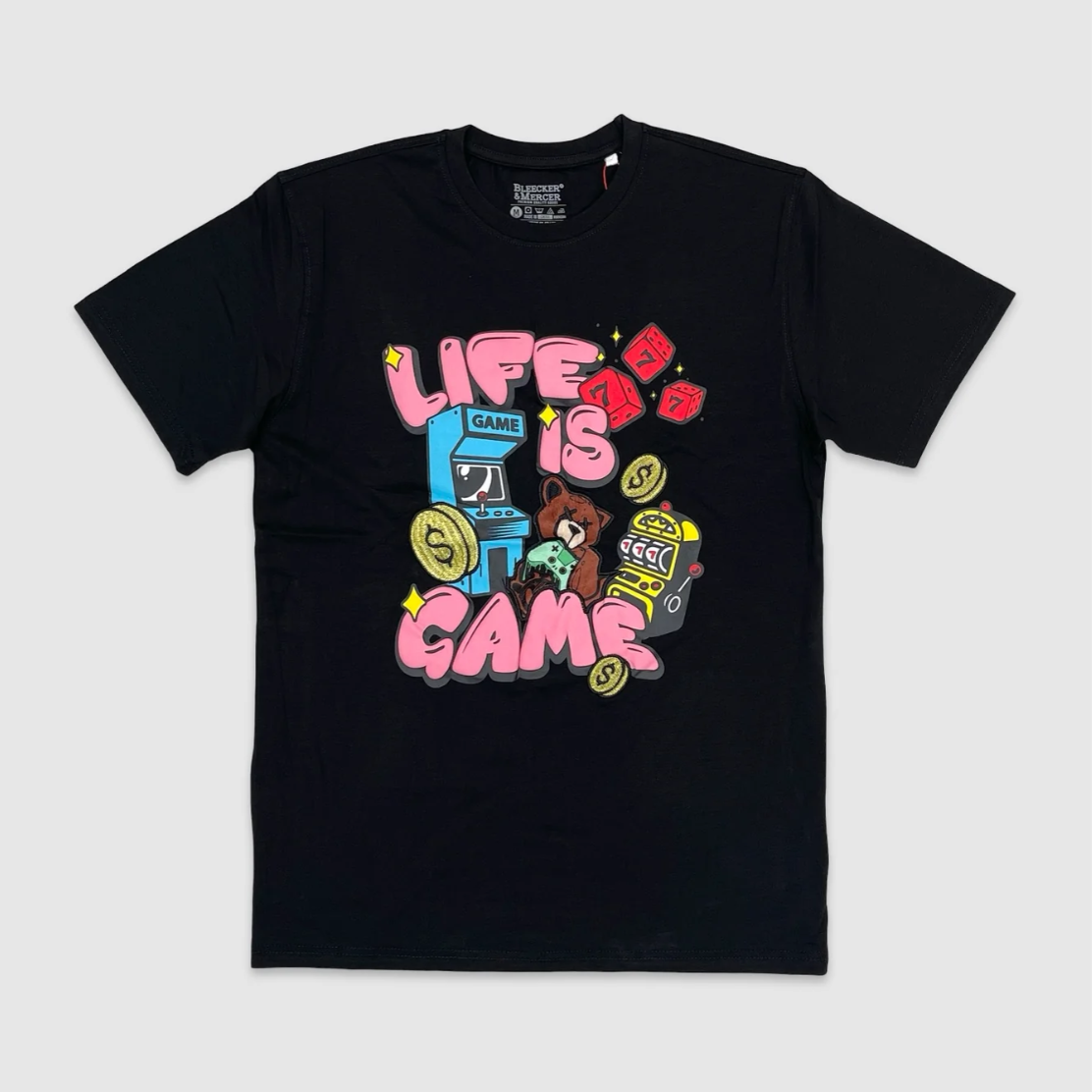 Black Life Is Game Arcade Graphic Tee with colorful retro design