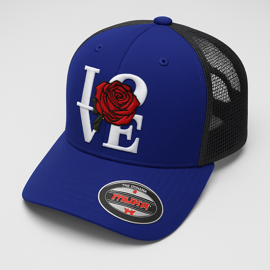 Royal blue and black mesh trucker hat with embroidered 'LOVE' design featuring a red rose on the front panel.