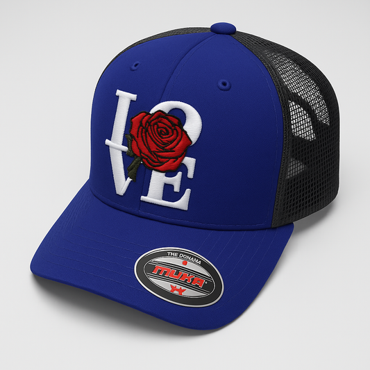 Royal blue and black mesh trucker hat with embroidered 'LOVE' design featuring a red rose on the front panel.