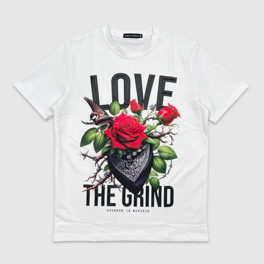 White Love The Grind Rose Graphic T-shirt with red roses and bandana design