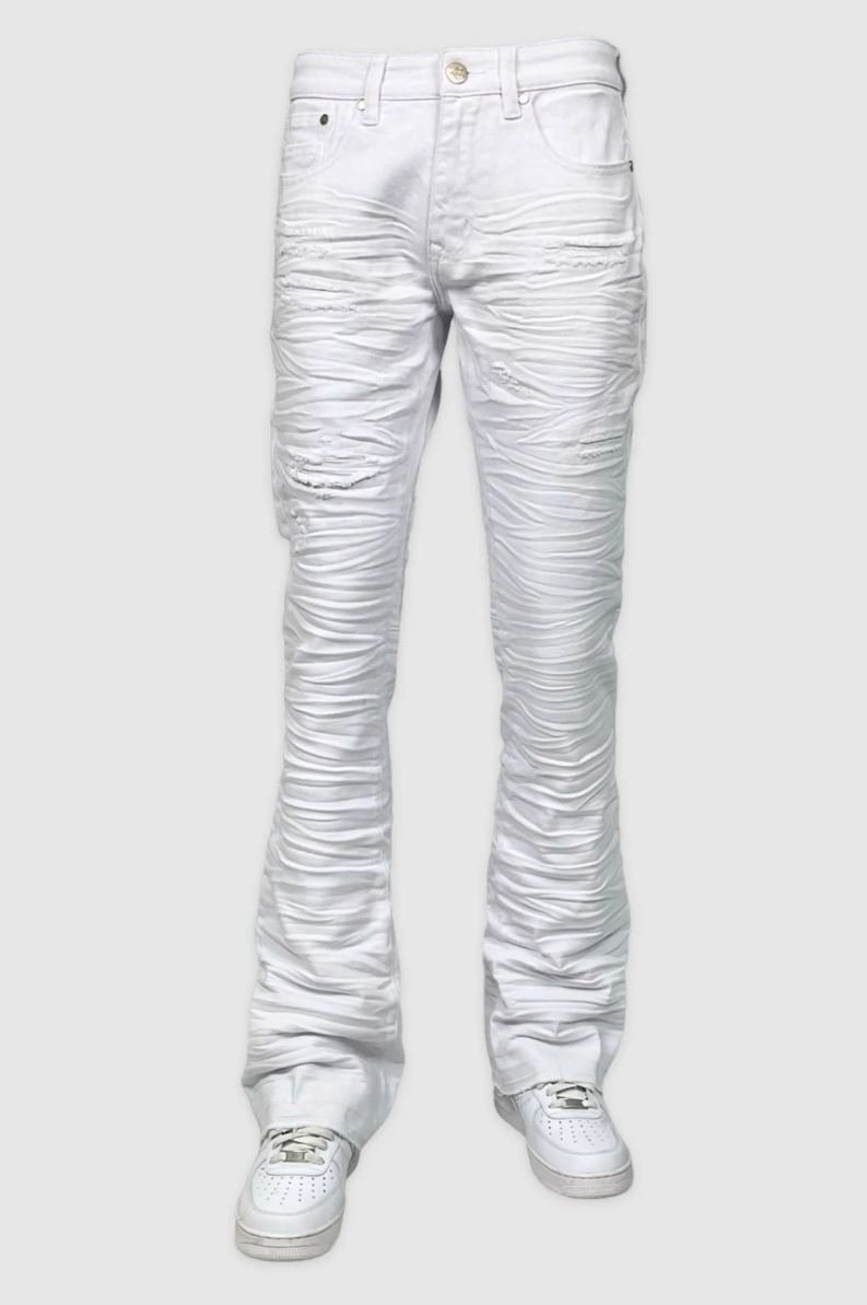 White stacked jeans with ripped knee and ruched leg