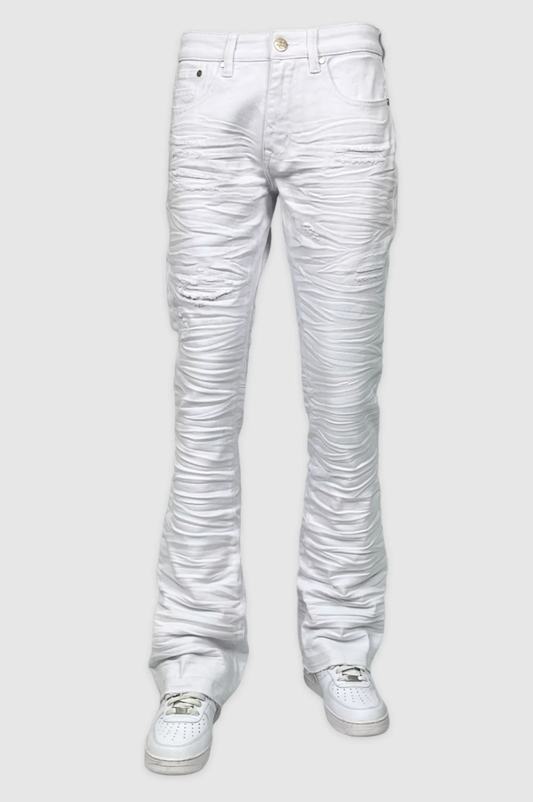 White stacked jeans with ripped knee and ruched leg