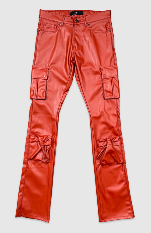Red faux leather cargo pants front view streetwear slim fit with utility pockets