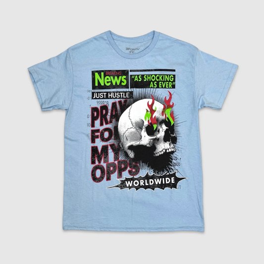 Baby Blue streetwear graphic t-shirt with flaming skull design and bold text that says Pray For My Opps, urban hip hop style tee from City Grid Apparel
